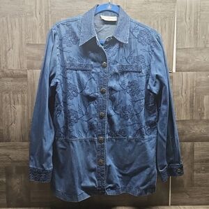 Saint Germain Paris Womans Embroidered Embellished Blue Denim Button Shirt